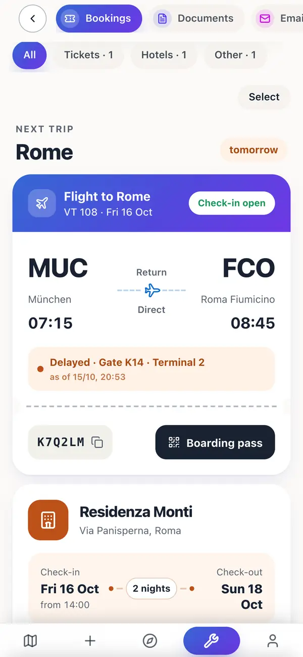 The bookings of a Rome trip: the flight as a boarding pass with delay, gate and terminal, and below it the hotel with arrival, departure and two nights.
