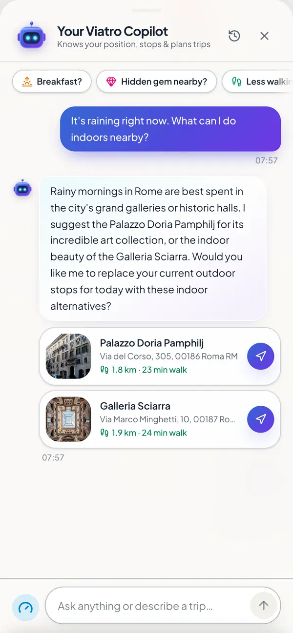 رد Tiagro Copilot على سؤال عن المطر: Palazzo Doria Pamphilj وGalleria Sciarra خياران داخليان، مع المسافة وزمن المشي لكل منهما.