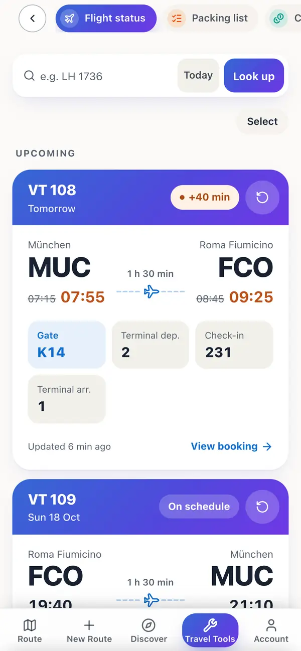 Flight status in the app: a Munich–Rome flight delayed by 40 minutes, the new times in orange, plus gate, terminal and check-in desk.