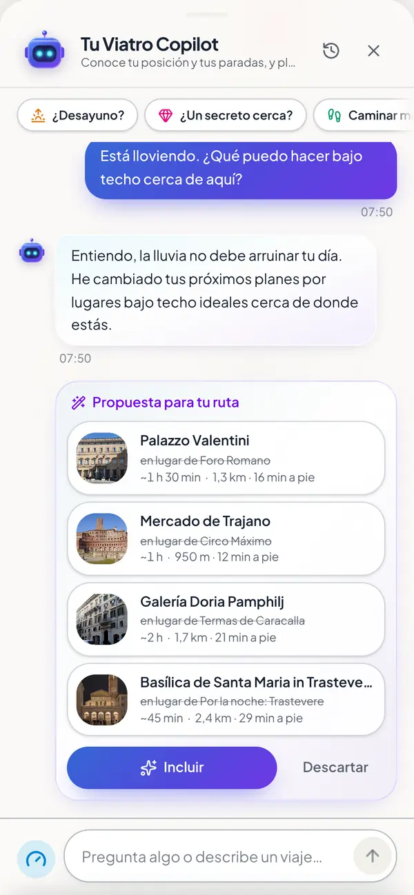 Respuesta del Tiagro Copilot a «¿Llueve?»: una propuesta para la ruta con el Palazzo Valentini, el Mercado de Trajano, la Galleria Doria Pamphilj y Santa Maria in Trastevere, con el botón «Incluir».