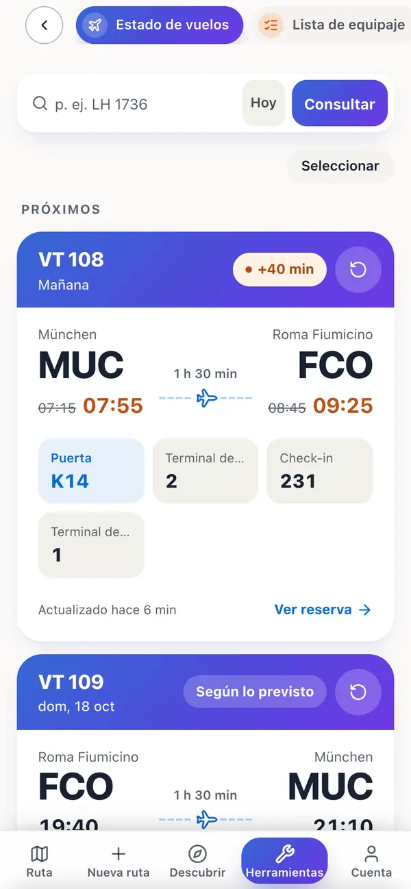 El estado del vuelo en la app: un vuelo Múnich–Roma con 40 minutos de retraso, las nuevas horas en naranja, además de puerta, terminal y mostrador de facturación.