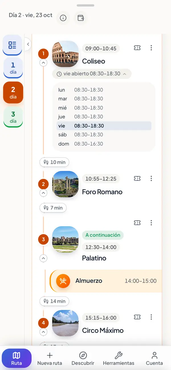 Una parada en Roma con su horario de apertura en la app.