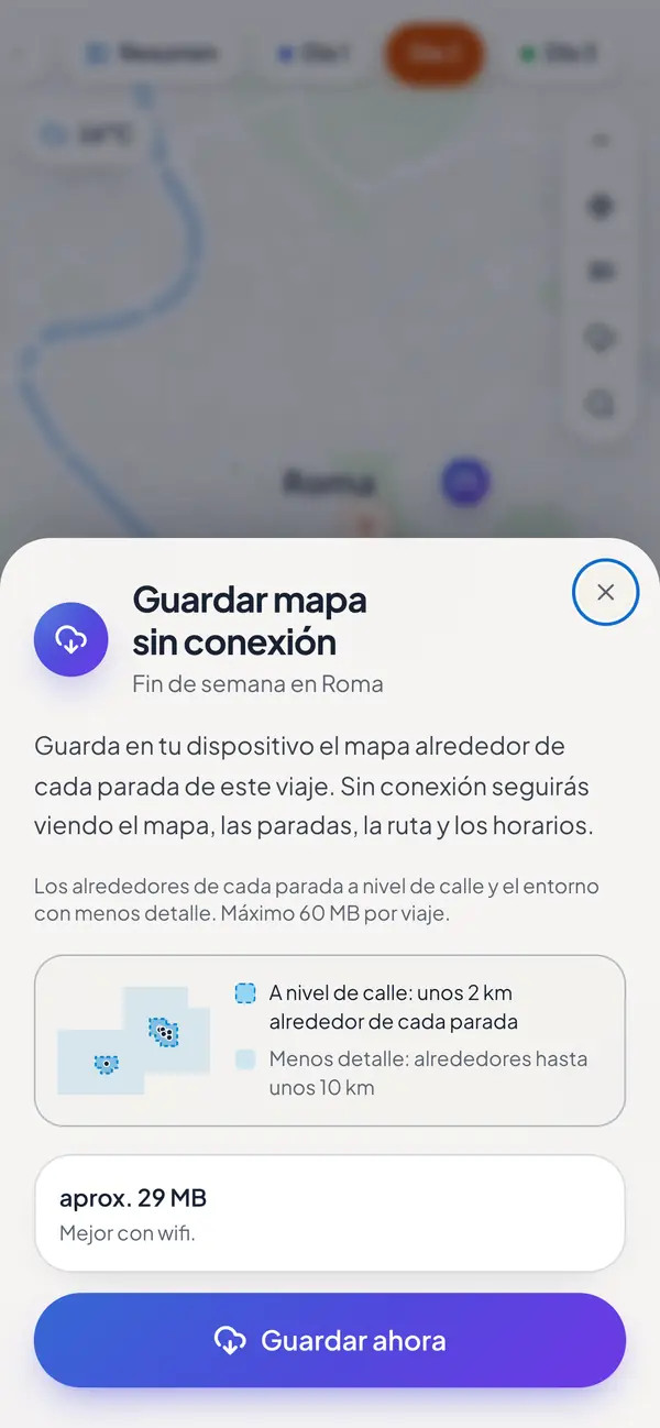 El mapa del viaje guardándose para usarlo sin conexión.