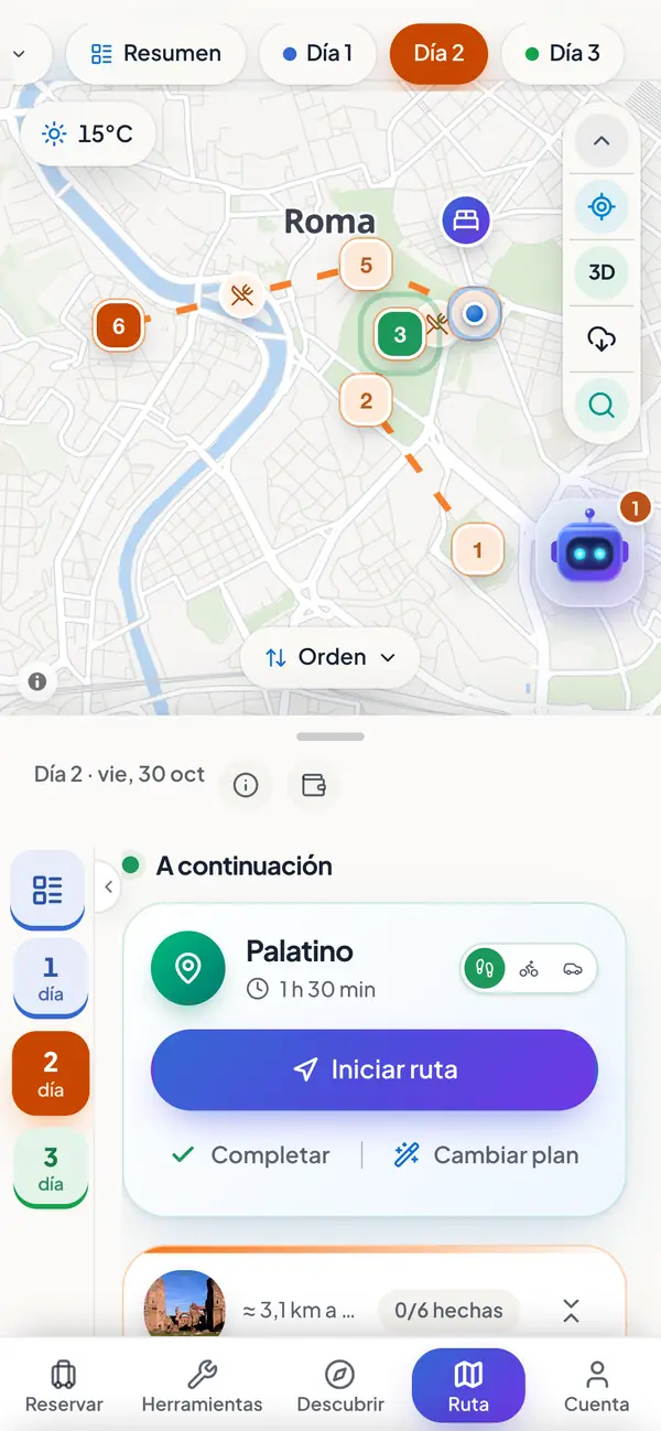 Tiagro en un móvil: la ruta del día por Roma en el mapa y, debajo, la siguiente parada con un botón para iniciar la ruta.