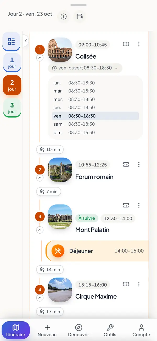Une étape à Rome avec ses horaires d'ouverture dans l'app.