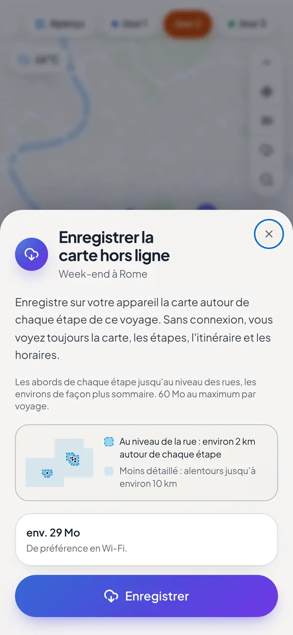 La carte du voyage enregistrée pour un usage hors ligne.