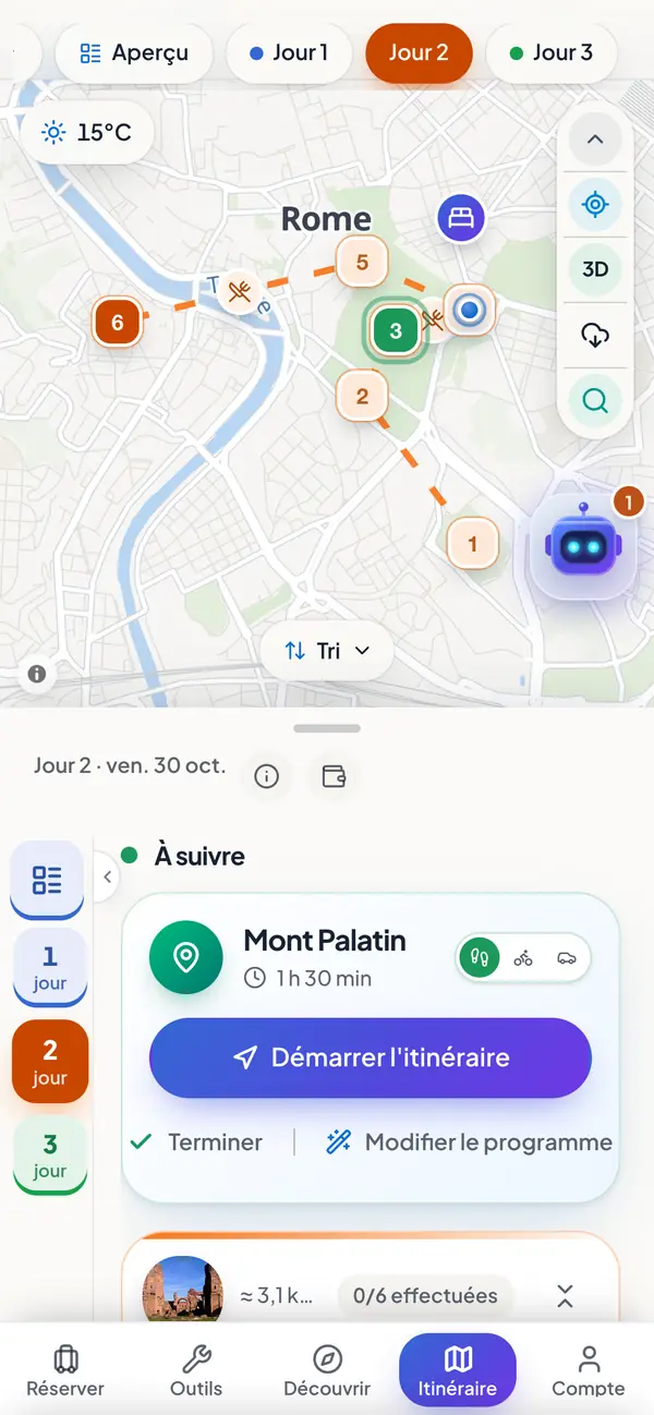 Tiagro sur un téléphone : l'itinéraire du jour à travers Rome sur la carte et, en dessous, la prochaine étape avec un bouton pour lancer l'itinéraire.