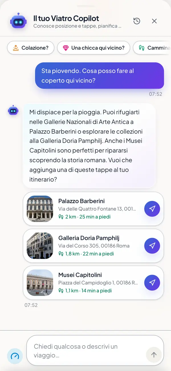 Risposta del Tiagro Copilot a «Piove?»: Palazzo Barberini, Galleria Doria Pamphilj e Musei Capitolini come alternative al coperto, ciascuna con distanza e tempo a piedi.