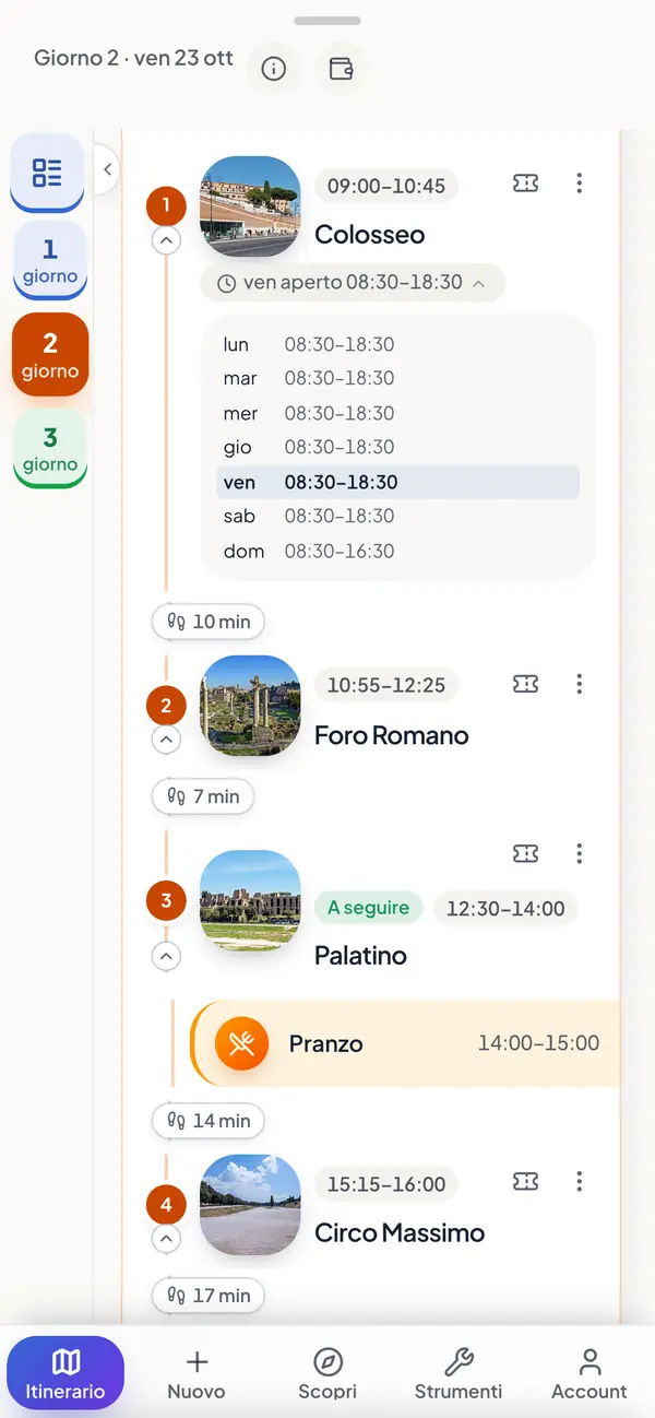 Una tappa a Roma con i suoi orari di apertura nell'app.