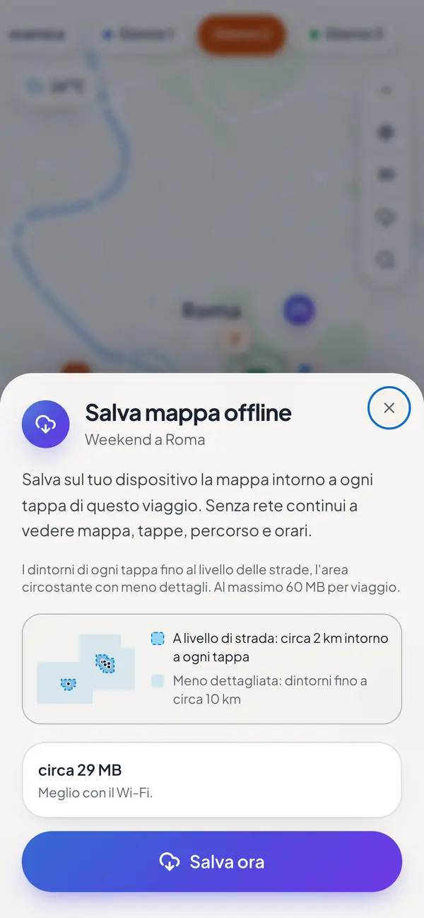 La mappa del viaggio salvata per l'uso offline.