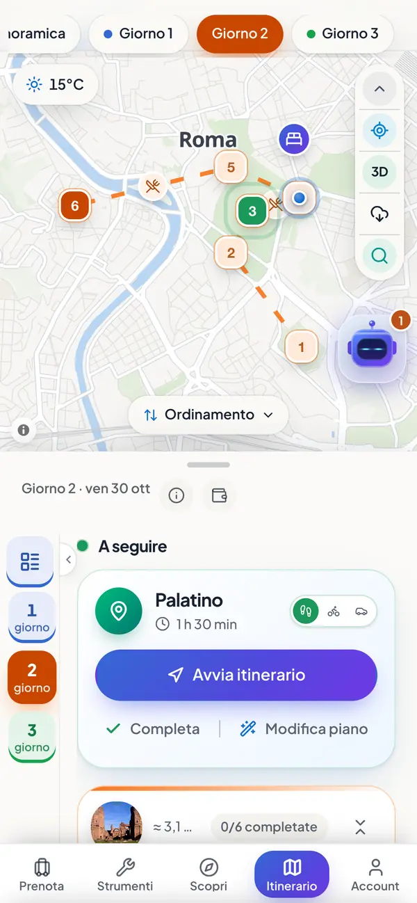 Tiagro su uno smartphone: il percorso del giorno a Roma sulla mappa e, sotto, la prossima tappa con un pulsante per avviare il percorso.