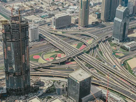 Dubai skyscrapers and interchange from above