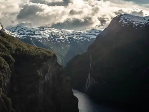 Geirangerfjord between steep mountains