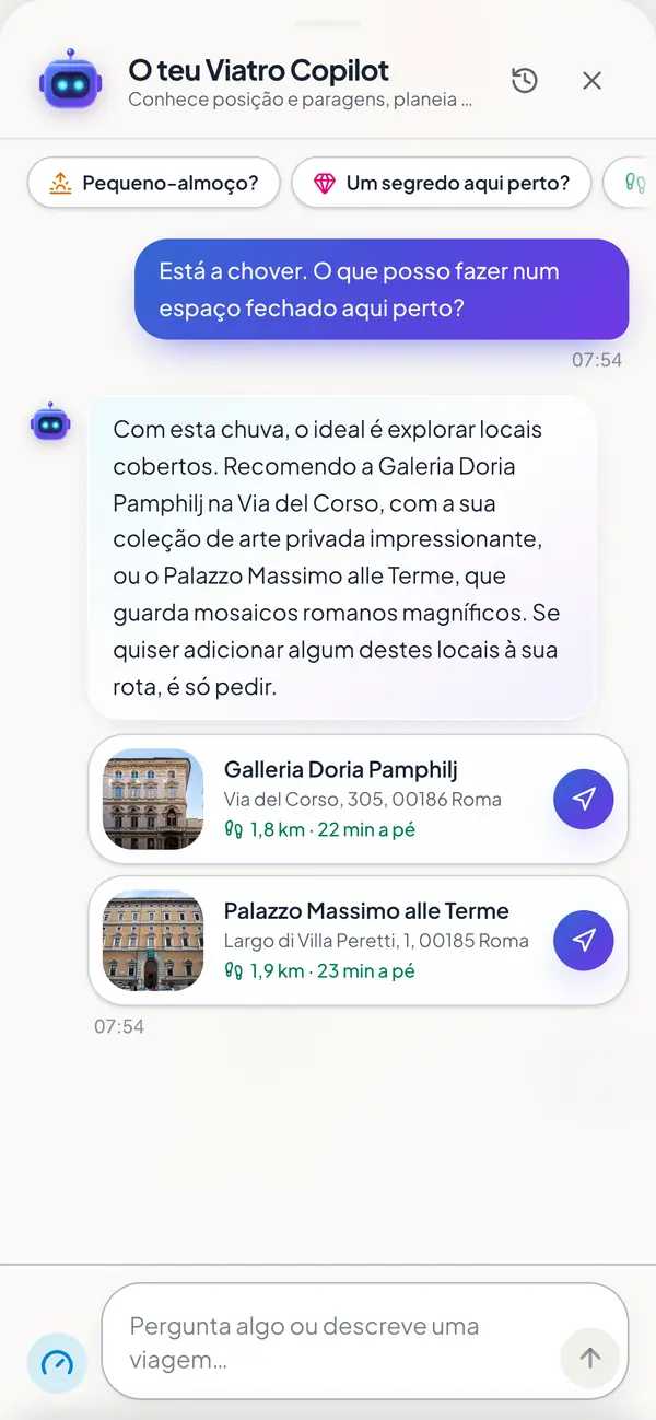 Resposta do Tiagro Copilot a «Está a chover?»: a Galleria Doria Pamphilj e o Palazzo Massimo alle Terme como alternativas em espaço fechado, cada uma com distância e tempo a pé.