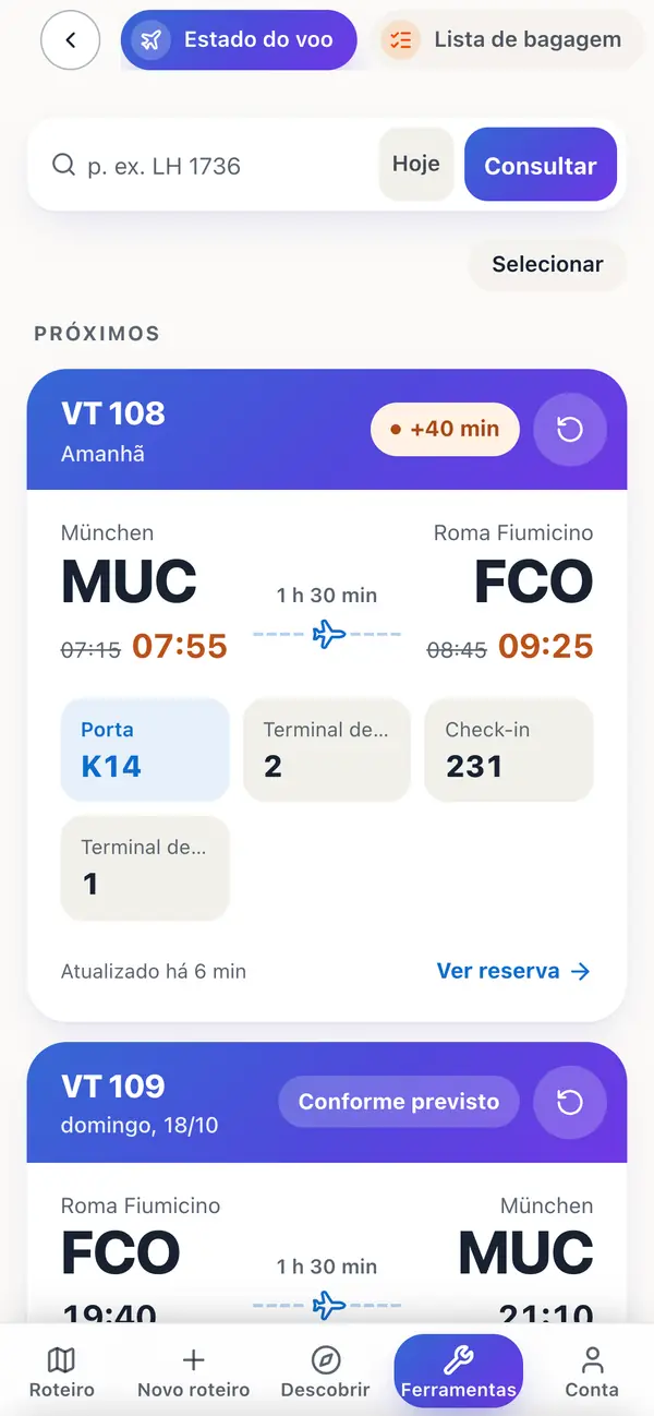 O estado do voo na app: um voo Munique–Roma com 40 minutos de atraso, as novas horas a laranja, mais porta, terminal e balcão de check-in.