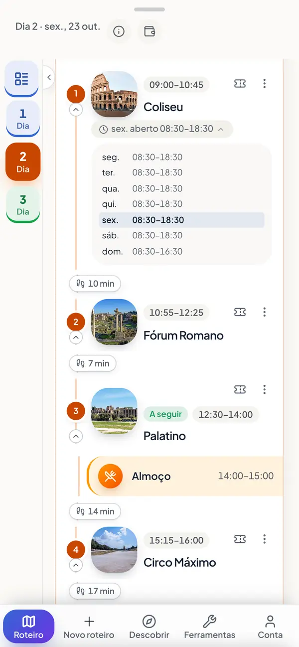 Uma paragem em Roma com o horário de funcionamento na app.
