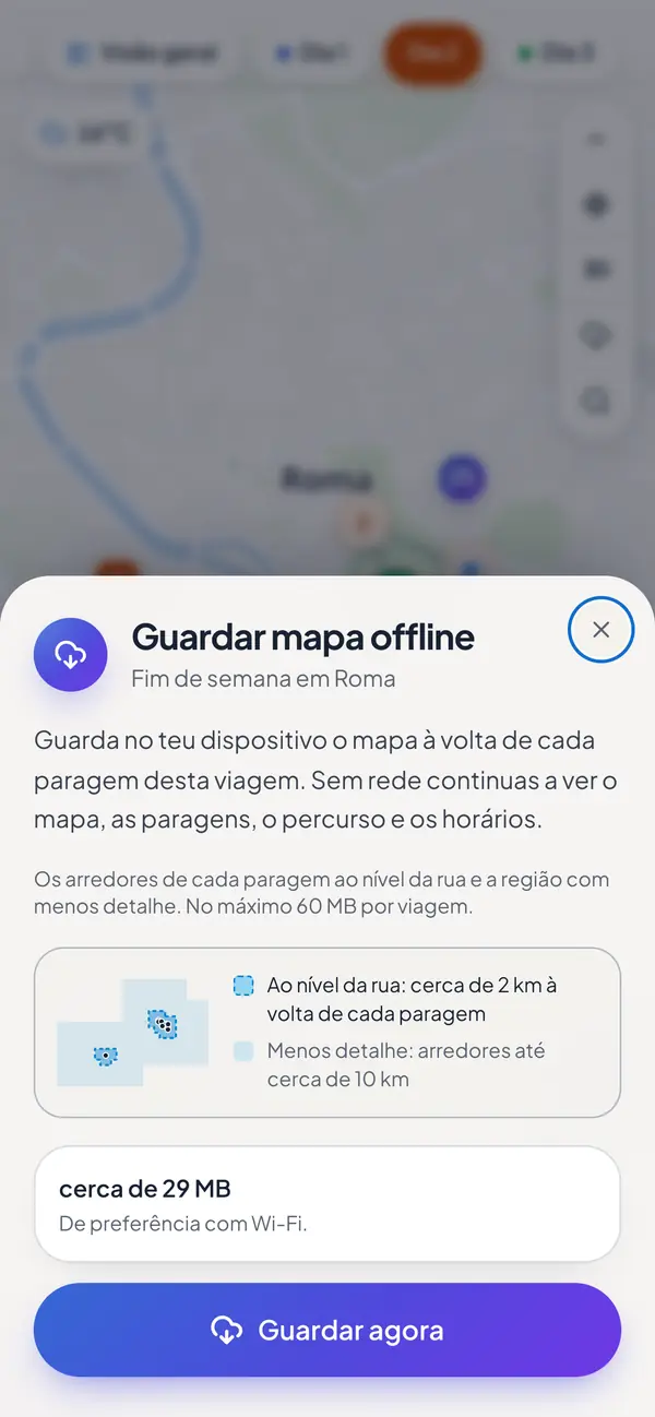 O mapa da viagem a ser guardado para uso offline.
