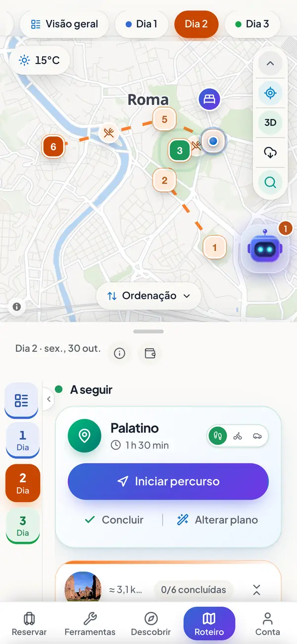 A Tiagro num telemóvel: o percurso do dia por Roma no mapa e, por baixo, a próxima paragem com um botão para iniciar o percurso.